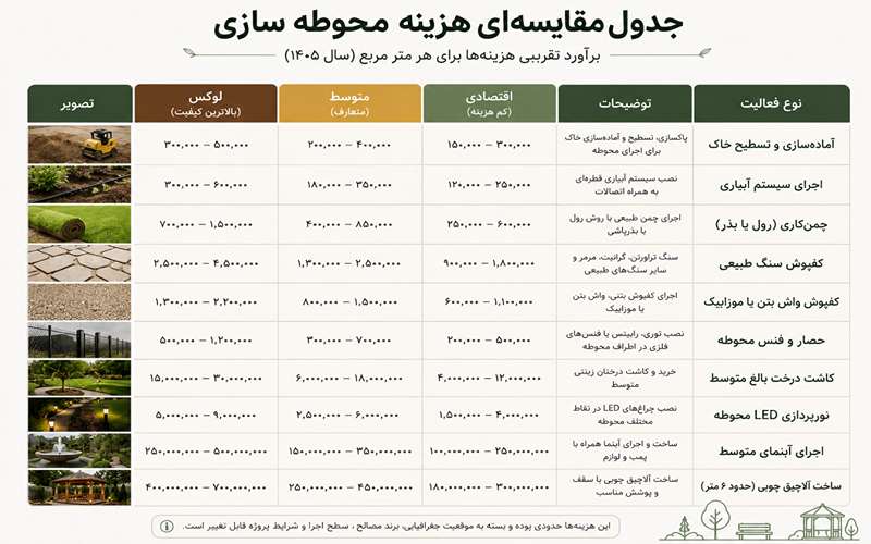 جدول مقایسه هزینه محوطه سازی